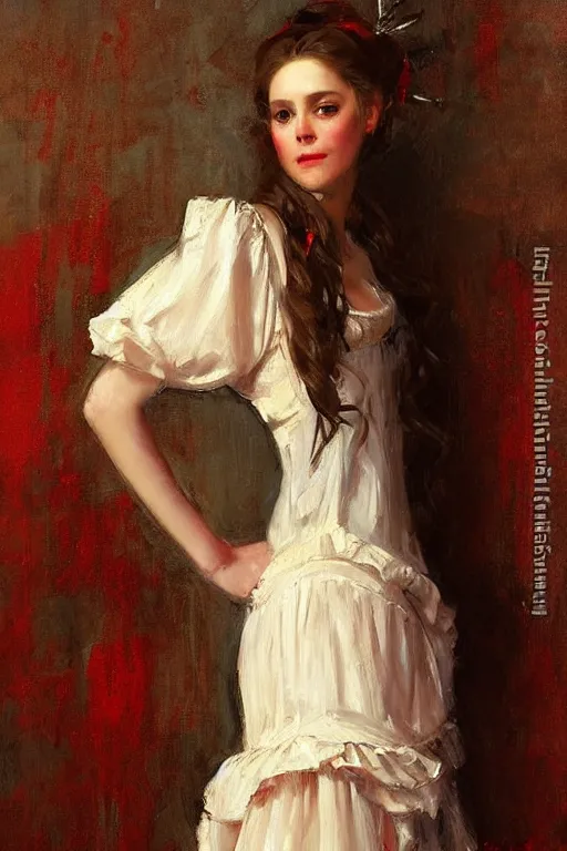 Prompt: Richard S. Johnson and Solomon Joseph Solomon and Richard Schmid and Jeremy Lipking victorian genre painting full length portrait painting of a young beautiful woman traditional german french barmaid in fantasy costume, red background