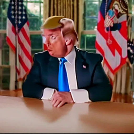 Image similar to a still from a scene in the boys, staring donald trump as homelander.