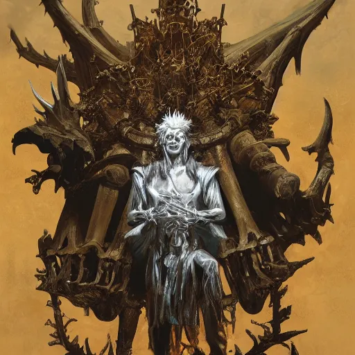 Prompt: Oil painting of the goblin king, wearing a crown made of bones, portrait, D&D, Magic The Gathering, by Craig Mullins, Nekro, Victo Ngai, centered, symmetrical, volumetric lighting