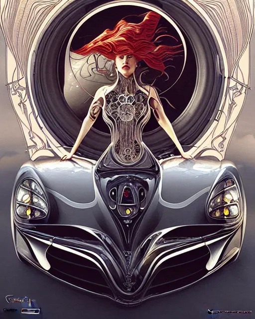 Image similar to Art nouveau Ferarri car, in the shape of a woman, fantasy, intricate mechanical designs, elegant, highly detailed, sharp focus, art by Artgerm and Greg Rutkowski and WLOP