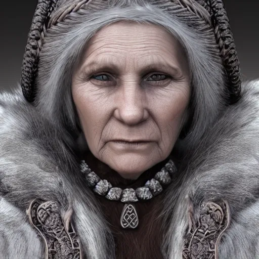 Prompt: Old viking woman with braids in gray hair wearing fur and jewelry :: very detailed, symmetric, unreal engine, rim-light, rendered in octane, hyperrealisric