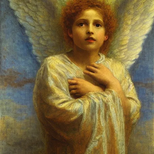 Prompt: painting of an angel surrounded by clouds by george frederic watts