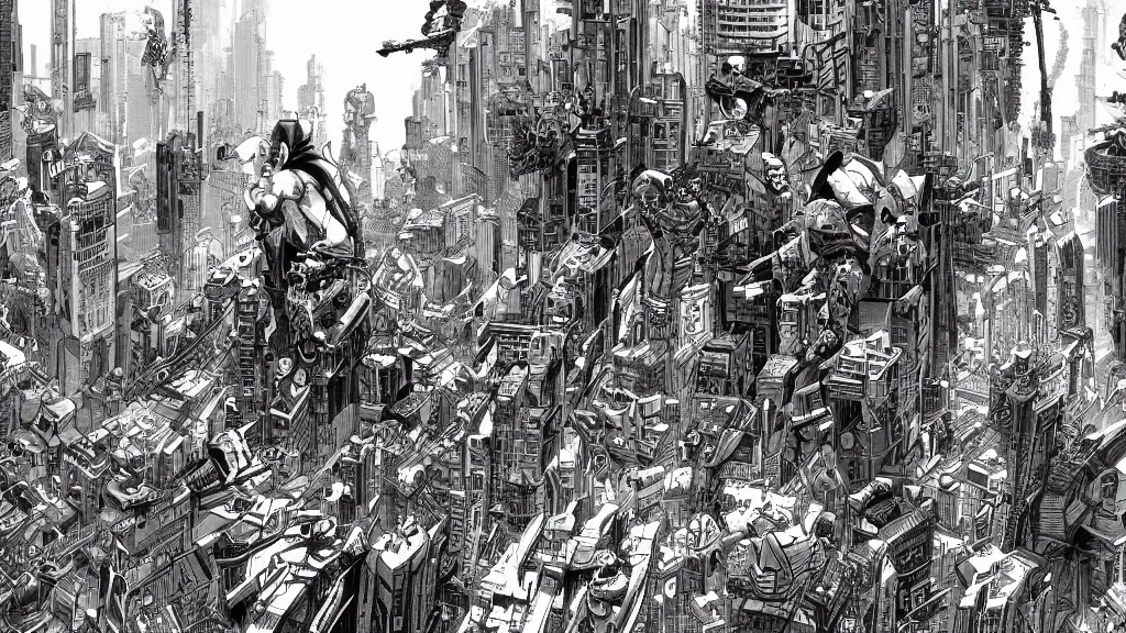 Prompt: a war in cyberpunk city, a clean line drawing, sketching, art by kim jung gi, karl kopinski,