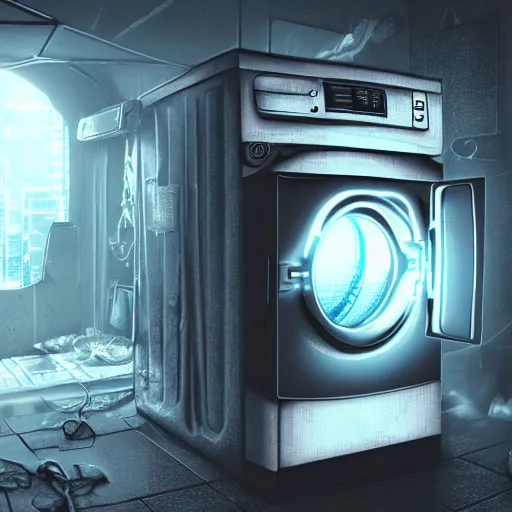 Image similar to a washing machine becoming sentient and rebelling against humanity, cyberpunk, digital art, high detail