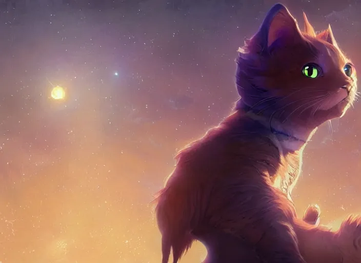 Image similar to a space cat staring role in a musical sci - fi space opera ghibli animated film, volumetric lighting, octane render by stanley artgerm lau, greg rutkowski, thomas kindkade, alphonse mucha, loish, norman rockwel,