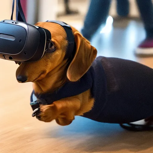 Image similar to dachshund dog wearing vr headset and htc vive trackers recording motion capture