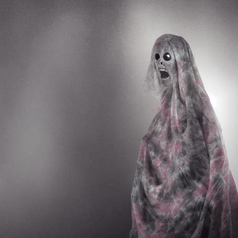 Image similar to octane render portrait by wayne barlow and carlo crivelli and glenn fabry, a woman wearing a skintight tie - dye bedsheet ghost costume, backlit, dramatic lighting, fog and mist, inside a futuristic nightclub, cinema 4 d, ray traced lighting, very short depth of field, bokeh