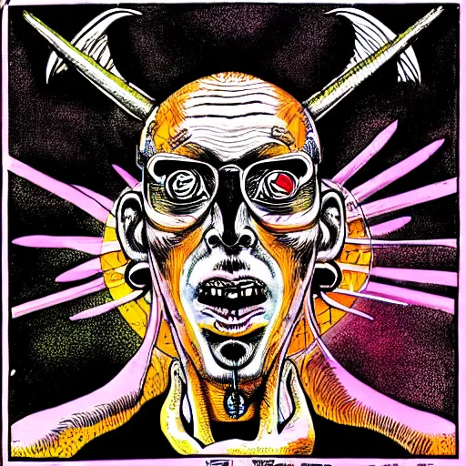 Image similar to graphic illustration, creative design, baphomet, biopunk, francis bacon, highly detailed, hunter s thompson, mixed media