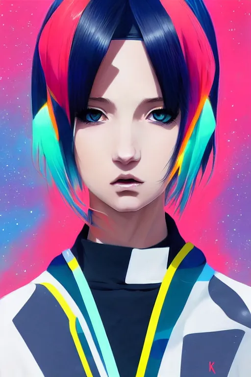 Prompt: poster woman with futuristic streetwear and hairstyle, colourful, cute face, pretty face, symmetrical face, Galaxy eyes, beautiful, elegant, Anime by Kuvshinov Ilya, Cushart Krentz and Gilleard James, 4k, HDR, Trending on artstation, Behance, Pinterest, award winning