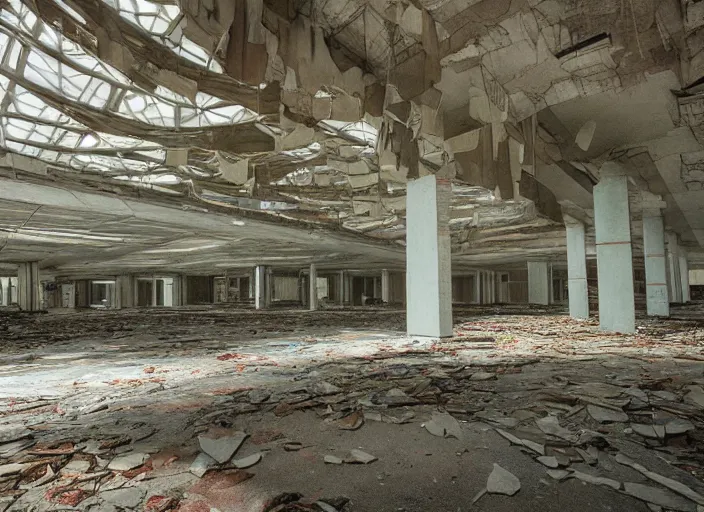 Prompt: interior of an abandoned mall in the 1 9 8 0 s, taken over by nature, nature style, hyperrealistic and beautiful painting, 8 k resolution, by hugh ferris and john smith, polished, fine detail, intricate, smooth, octane, concept art, trending on artstation