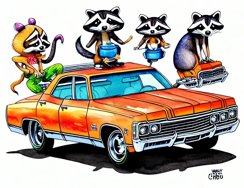 Image similar to cute and funny, racoon riding in a 1 9 6 9 chevrolet impala with oversized engine, ratfink style by ed roth, centered award winning watercolor pen illustration, isometric illustration by chihiro iwasaki, edited by range murata, tiny details by artgerm and watercolor girl, symmetrically isometrically centered