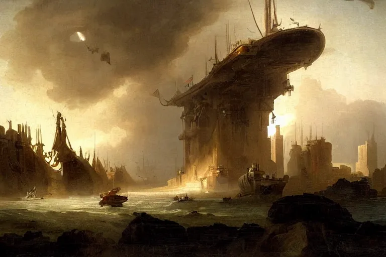 Image similar to painting starship landing by hubert robert very very detailed cinematic