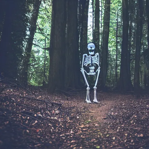 Image similar to photograph of a spooky scary skeleton walking through the forest