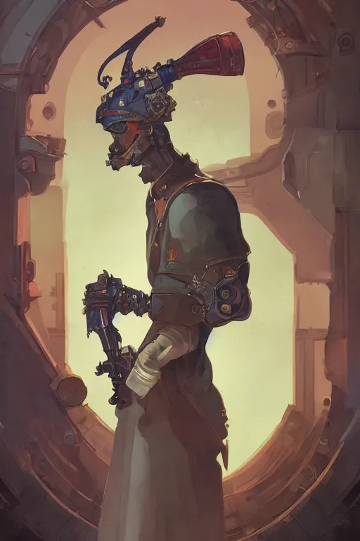 Image similar to zoomed out portrait of a duke, stylized illustration by peter mohrbacher and moebius, watercolor gouache detailed paintings, dieselpunk, solarpunk, artstation