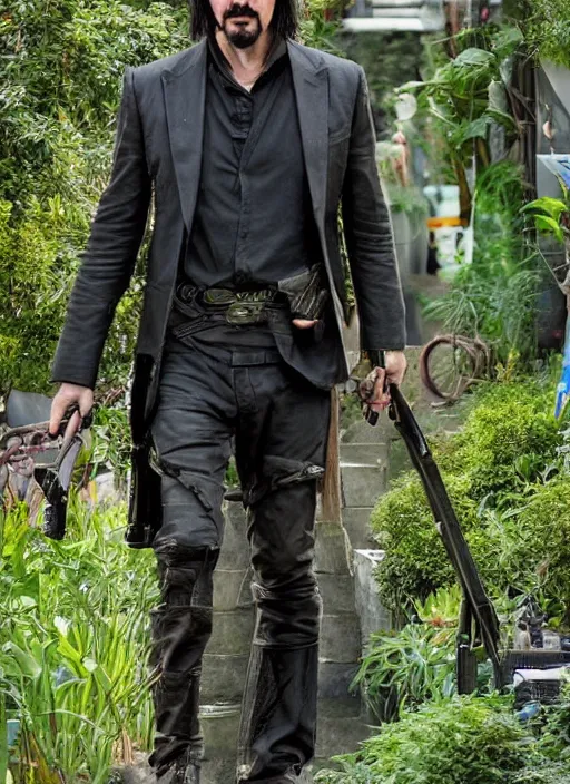 Prompt: solarpunk keanu reeves working in a garden, cyberpunk 2 0 7 7 wake up samurai, solarpunk, lots of plants, gardening, permaculture, anarchy, realistic, ultra detailed