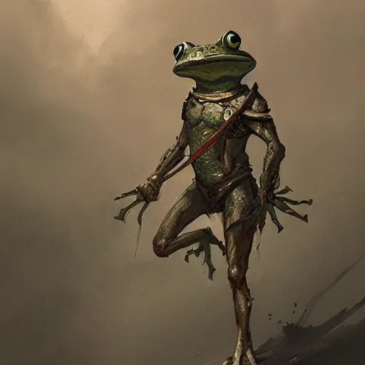 Prompt: A frog warrior, walking on stilts, by greg rutkowski, in the style of magic the gathering