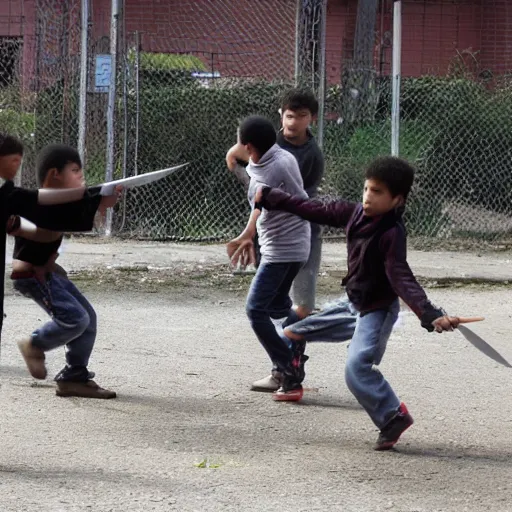Prompt: photo of a group of kids knife fighting in a schoolyard-n 9