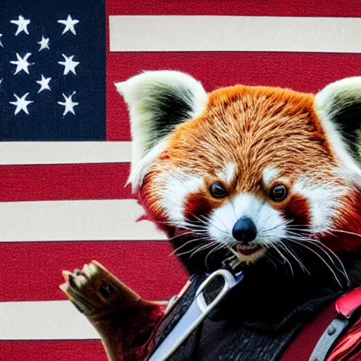 Prompt: red panda with armour, holding american flag, photo, dslr, photorealistic