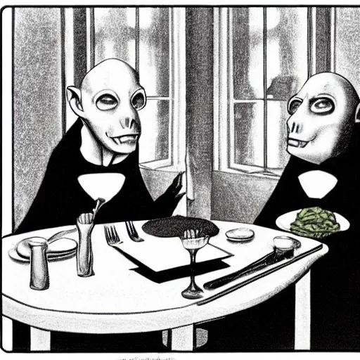 Image similar to Nosferatu and Elvis sitting down at a restaurant, Chris Van Allsburg