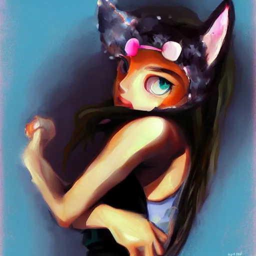 Prompt: Girl with cat ears painting, expressive oil painting, matte art, digital art, trending on artstation, anime style, beautiful lighting, atmospheric, skateboard