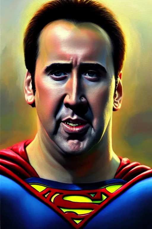 Image similar to portrait of nicolas cage as superman looking away from the camera, intricate, hyperrealistic, extremely detailed oil painting by simon stalenhag and greg rutkowski, artstation