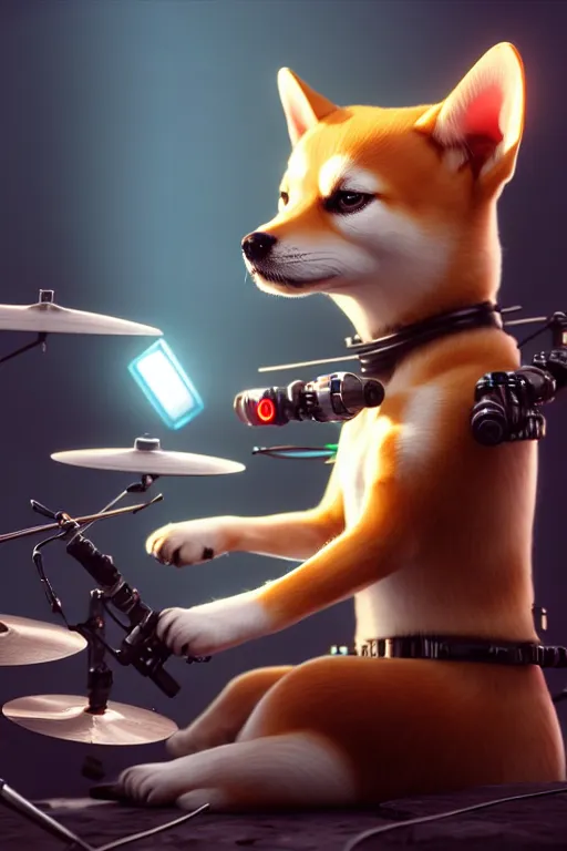 Image similar to high quality 3 d render very cute cyborg! shiba inu plays drums, cyberpunk highly detailed, unreal engine cinematic smooth, in the style of blade runner & pixar, hannah yata charlie immer, moody light, low angle, uhd 8 k, sharp focus