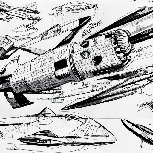 Image similar to sketches of fighting spaceship, full page, technical, detailed