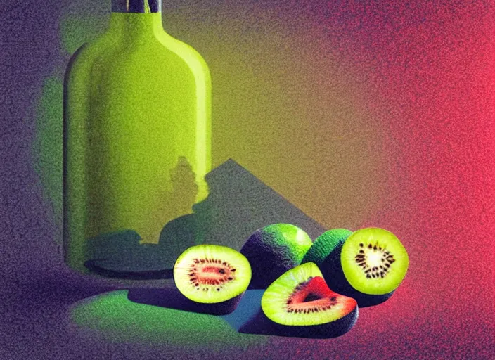 Image similar to ( ( dithered ) ), editorial illustration strawberries blueberries sliced kiwi sliced lemon inside a clear drinking bottle, isometric, modern art deco, mads berg, karolis strautniekas, christopher balaskas, stippled light, fog, fine texture, dynamic composition, matte print, unreal engine