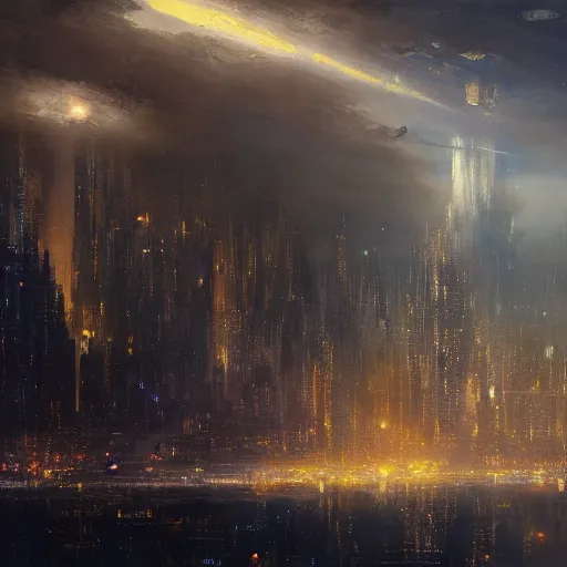 Image similar to Concept art, beautiful painting of a metropolis city, shining its light among stars, 8k, james gurney, greg rutkowski, john howe, artstation