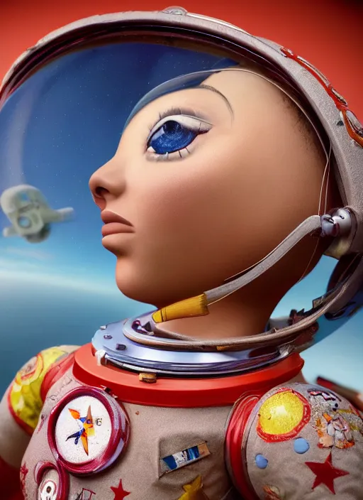 Image similar to closeup profile portrait of tin toy spacegirl astronaut, bikini, depth of field, zeiss lens, detailed, symmetrical, centered, fashion photoshoot, by nicoletta ceccoli, mark ryden, lostfish, breathtaking, 8 k resolution, extremely detailed, beautiful, establishing shot, artistic, hyperrealistic, octane render