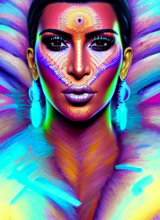 Image similar to portrait of kim kardashian, hyper detailed ultra sharp aztec shaman warrior. trending on artstation, warpaint aesthetic, bloodwave, colorful, psychedelic, ornate, intricate, digital painting, concept art, smooth, sharp focus, illustration, art by artgerm and greg rutkowski and h. r. giger, 8 k