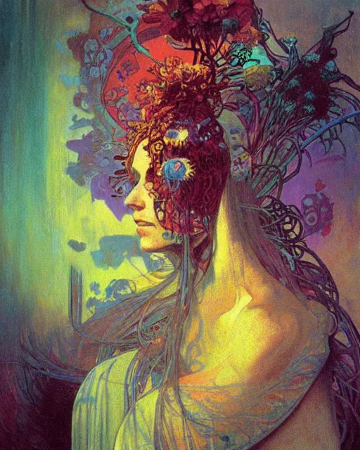 Prompt: rainbow flowerpunk portrait of a fierce old matriarch by paul lehr, beksinski, alphonse mucha