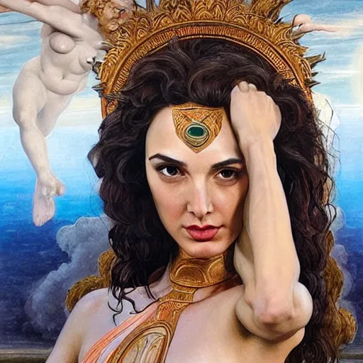 Image similar to Full body oil painting of the beautiful goddess Gal Gadot, she is wearing a peplos and a surreal ornate, her hair is natural disheveled, she is approaching heaven over the clouds, naturalism, dramatic lighting, high-detailed oil painting by Ilya Repin, Michelangelo da Caravaggio, William Blake, Alex Grey and Beksinski, trending on Artsation, hystorical painting, naturalism, masterpiece, 4k, 8k,