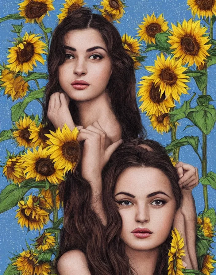 Image similar to Queen of the Sunflowers , a beautiful Ukrainian woman who looks like a mix of Audrey Hepburn and Selena Gomez, perfect skin, perfect face, gorgeous, symmetrical face, symmetrical body, artgerm, flowing hair, realistic, photorealistic, editorial photograph, portrait, detailed, intricate, focused, muted colors, artstation, border and embellishments inspiried by alphonse mucha, fractals in the background, galaxy