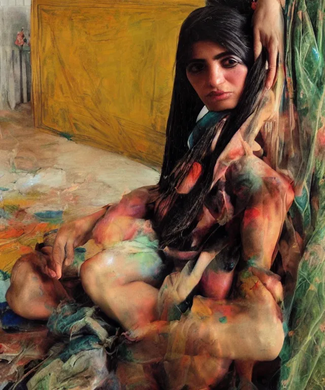 Image similar to a color photograph of persian young woman in her home, by nan goldin, out of place, intense, bold, exaggerated, over proportion, painted over by jenny saville, hyperrealistic, ultra sharp, extra details, ultra high quality,