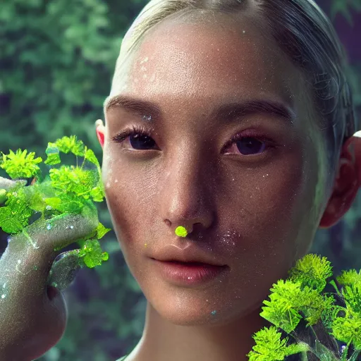 Image similar to Photorealistic person made out of slime and poo rising from the ground, summer, lush flora all around, DAZ, cgsociety, octane render