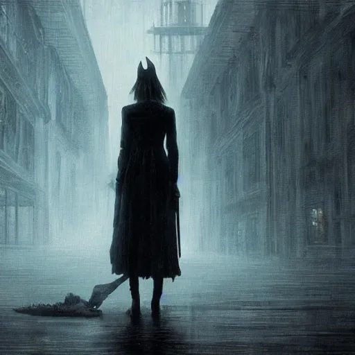 Image similar to Elle Fanning in Bloodborne in the world of Edward Hopper, stormy weather, extremely detailed masterpiece, oil on canvas, low-key neon lighting, artstation, Blade Runner 2049, Roger Deakin’s cinematography, by J. C. Leyendecker and Peter Paul Rubens,