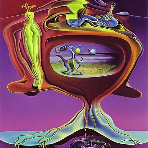 Prompt: a hd surrealism painting of 3d cast glass galactic trippy neon cartoon surrealism melting creature by salvia dali the fourth, salvador dali's much much much much more talented painter cousin, 4k, ultra realistic