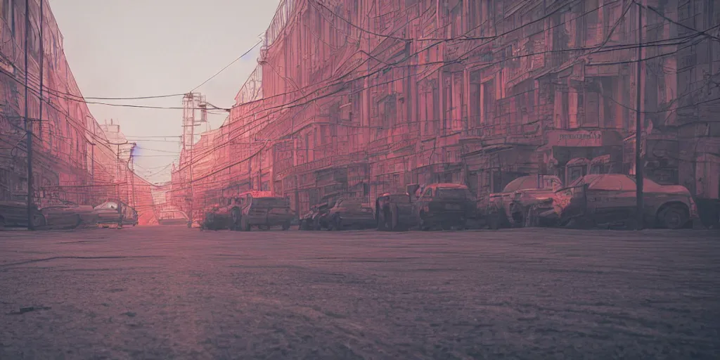 Prompt: photo of city street neon on mars, norilsk st. petersburg city, telephoto, anamorphic cinematography, beautiful composition, color theory, leading lines, photorealistic, moody volumetric lighting