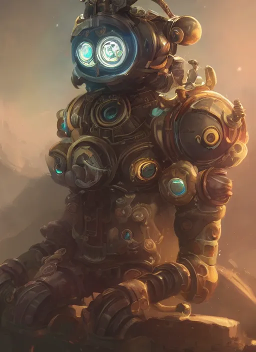 Prompt: a highly detailed illustration of gentle cute giant steampunk robot, cute glowing eyes and smile, adorably sitting gentle pose, intricate, elegant, highly detailed, centered, digital painting, artstation, concept art, smooth, sharp focus, league of legends concept art, WLOP