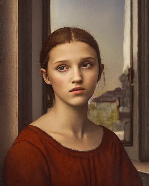 Image similar to a window - lit realistic portrait painting of a thoughtful girl resembling a young, shy, redheaded alicia vikander or millie bobby brown, lit by a window at the side, highly detailed, intricate, by leonardo davinci and boticelli