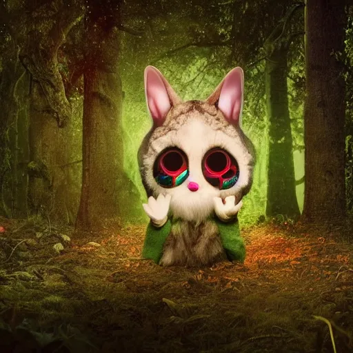 Prompt: a cute furry creature with long ears standing in a forest, big glowing eyes, fantasy, mark ryden, concept render, cinematic lighting