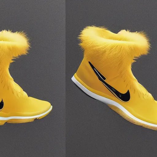 Image similar to poster nike shoe made of very fluffy yellow faux fur placed on reflective surface, professional advertising, overhead lighting, heavy detail, realistic by nate vanhook, mark miner