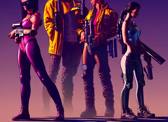 Image similar to cyberpunk gun slingers. portrait by stonehouse and mœbius and will eisner and gil elvgren and pixar. character design. realistic proportions. cyberpunk 2 0 7 7 character art, blade runner 2 0 4 9 concept art. cel shading. attractive face. thick lines. the team. diverse characters. artstationhq.