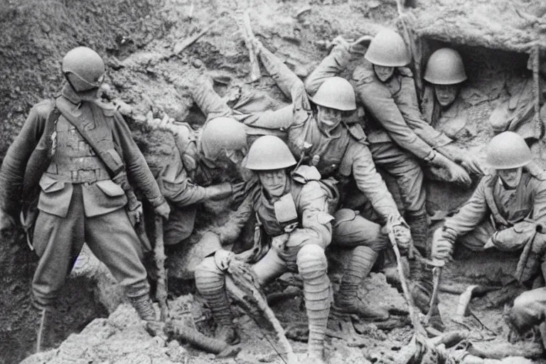 Image similar to old monochromatic photograph of Spider-Man with soldiers in a WW1 trench