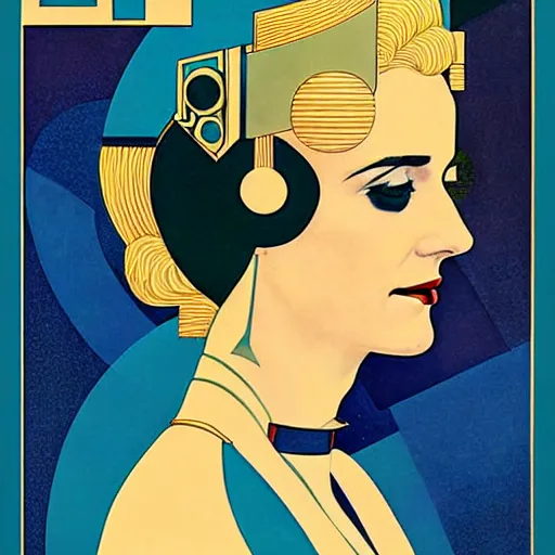 Prompt: Art by Coles Phillips, Portrait of the actress, Eva Green as Space Commander Zeta from the Year 3000, geometric art, poster, no text, Mucha, Kandinsky, indigo, teal, gold