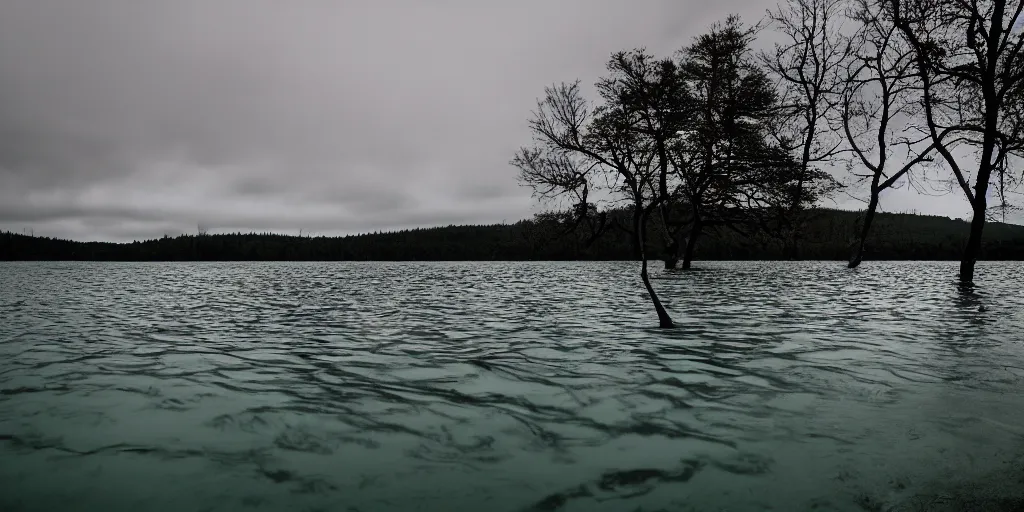 Prompt: symmetrical color photograph of an infinitely long rope submerged on the surface of the water, the rope is snaking from the foreground towards the center of the lake, a dark lake on a cloudy day, trees in the background, moody scene, anamorphic lens