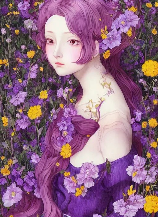 Image similar to elf girl wearing an flower suit, soft hair. light color palate, purple, yellow and white. detailed soft painting, ayami kojima, made in abyss, anatomically correct, ilya kuvshinov, inspired in balthus, high detailed face anime, vogue magazine, glorious composition, mobile wallpaper, mona lisa