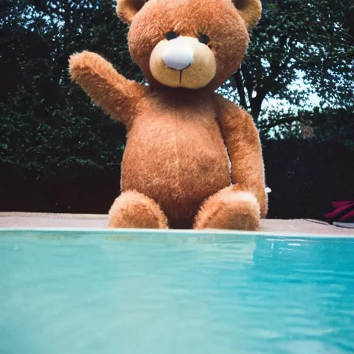 Prompt: photo of teddy bear in swimming pool cinestill, 800t, 35mm, full-HD