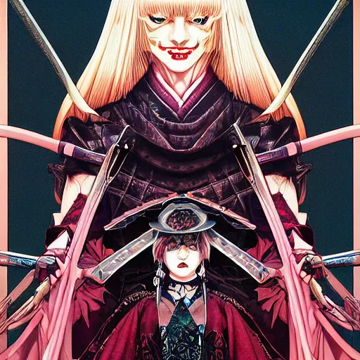 Image similar to portrait of crazy sia kate isobelle furler samurai and vampire, symmetrical, by yoichi hatakenaka, masamune shirow, josan gonzales and dan mumford, ayami kojima, takato yamamoto, barclay shaw, karol bak, yukito kishiro